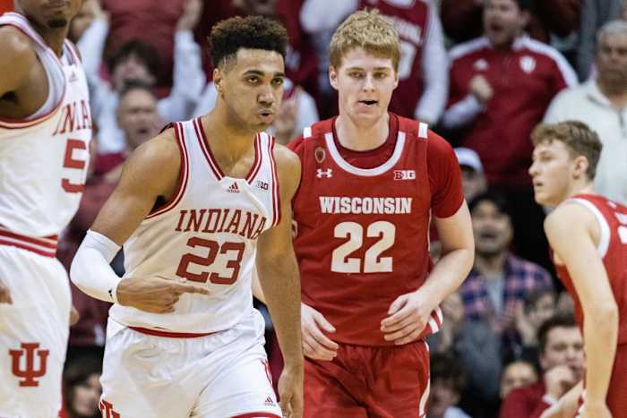 Trayce Jackson-Davis (23) celebrates a made basket in the second half against the Wisconsin Badgers